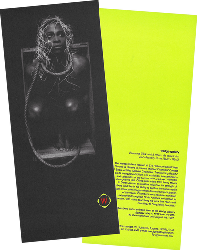 Front and back scan of Michael Chambers: Transforming Reality exhibition invitation card from 1997