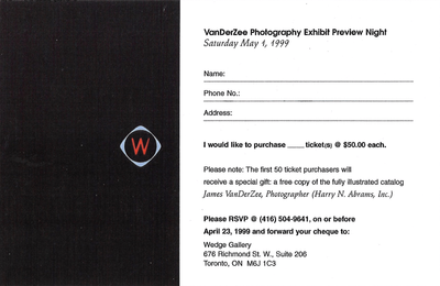 Colour scan of James Van Der Zee: Portraits exhibition preview invitation for Saturday, May 1, 1999