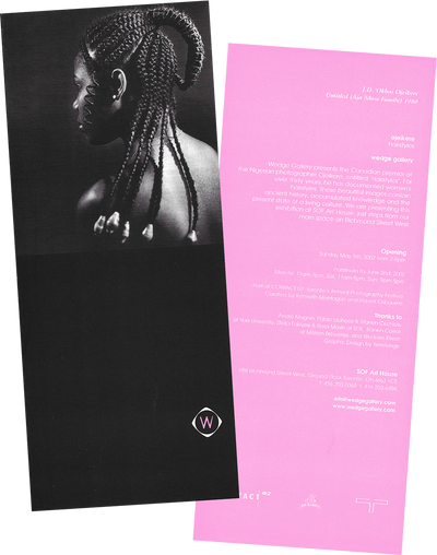 Front and back scan of Ojeikere: Hairstyles exhibition invitation card from 2002