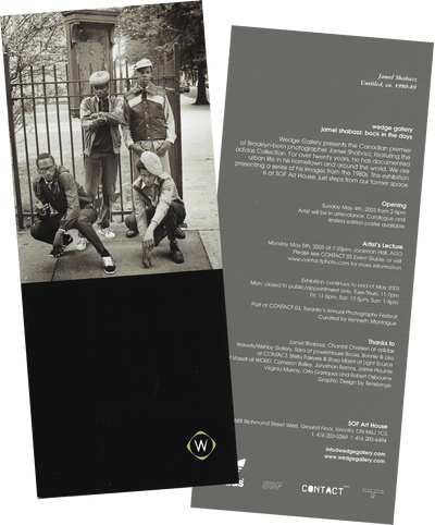 Front and back scan of Jamel Shabazz: Back in the Days exhibition invite card from 2003