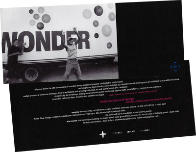 Front and back scan of 96 Hours of Wedge exhibition invite card from 2007, featuring an image by Pete Doherty