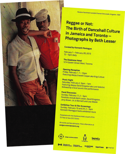 Front and back scan of Reggae or Not exhibition invite card from 2013