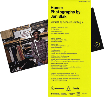 Front and back scan of Home: Photographs by Jon Blak exhibition invite card from 2014