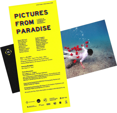 Front and back scan of Pictures from Paradise exhibition invite card from 2014