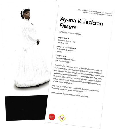 Front and back colour scan of Ayana V. Jackson: Fissure exhibition invitation featuring the image Sarah from the series Dear Sarah (2016) by Ayana V. Jackson.