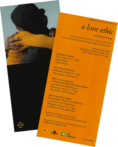 Front and back scan of a love ethic exhibition invitation card from 2019 featuring The Love We Share (2015) by Jeremy Rodney-Hall.