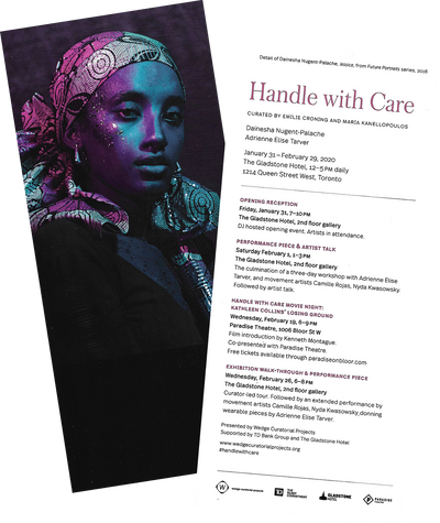 Front and back scan of Handle With Care exhibition invitation card from 2020, featuring an image by Dainesha Nugent-Palache