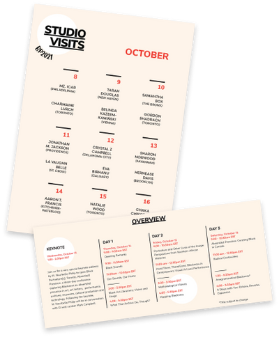 Graphic of schedule overview of BLACK PORTRAITURE[S]: Toronto, Absent/ed Presence including information on the conference Keynote speaker and studio visits.